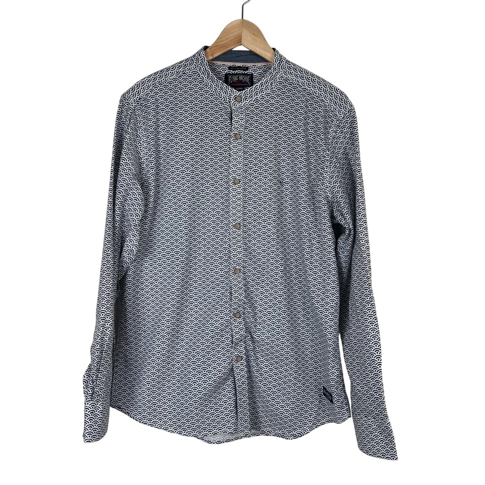Flying Machine Mens Blue White Wave Print Mandarin Collar Button Down Shirt L